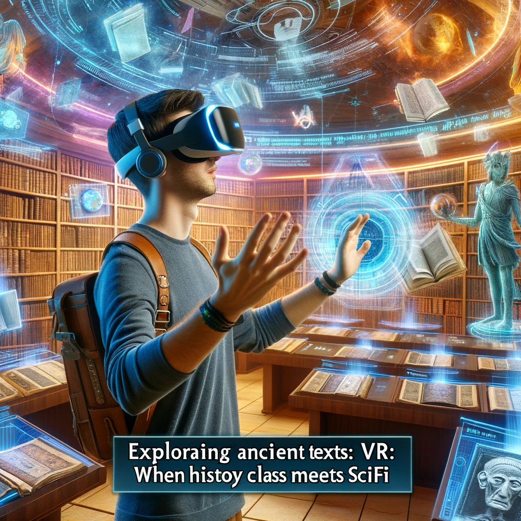 A futuristic library with holographic books and virtual reality stations. A person wearing VR goggles is gesturing wildly, completely absorbed. The caption reads, "Exploring ancient texts in VR: when history class meets sci-fi."