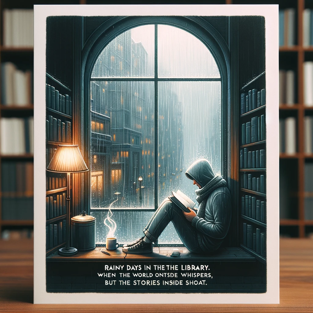 A quiet library corner with a large window showing a rainy day outside. A person is deeply engrossed in a book, with a hot cup of coffee by their side. The caption reads, "Rainy days in the library: when the world outside whispers, but the stories inside shout."