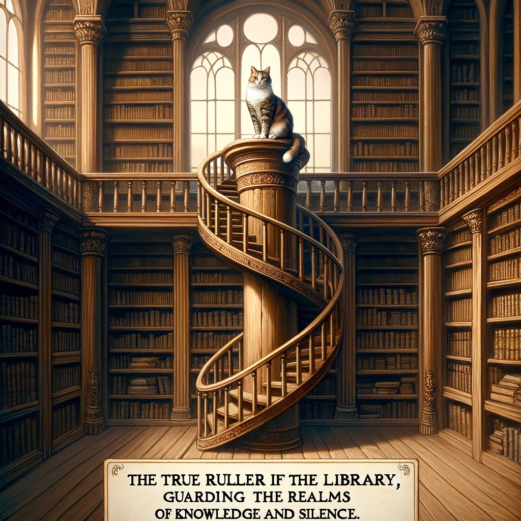 An old library with wooden shelves and a spiral staircase. At the top of the staircase, a cat sits majestically, surveying the realm below. The caption reads, "The true ruler of the library, guarding the realms of knowledge and silence."