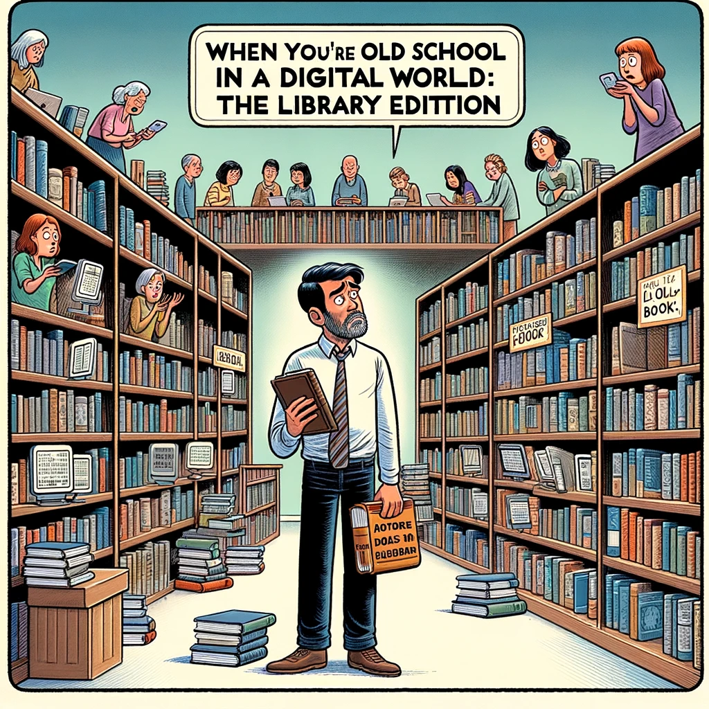 A library scene where all the books on the shelves are replaced with e-readers. A perplexed patron stands in front, holding a traditional book, looking around in confusion. The caption reads, "When you're old school in a digital world: The library edition."