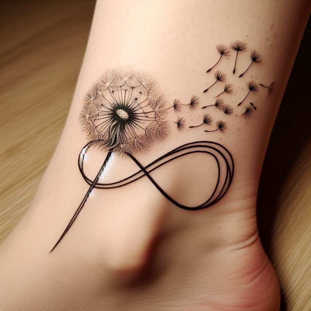 A hopeful infinity tattoo, intertwined with a dandelion being blown into the wind, situated on the ankle. The dandelion seeds transform into the infinity symbol, representing the fleeting nature of time and the eternal cycle of life and renewal, with fine lines capturing the delicate essence of the dandelion.