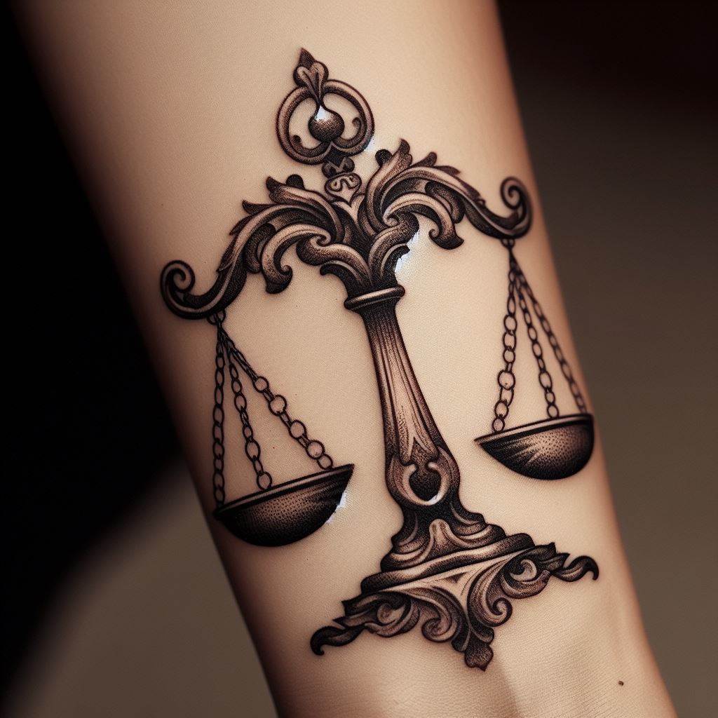 A detailed and intricate Libra scales tattoo, gracefully adorning the inner wrist. The scales are designed with a vintage, ornate style, featuring delicate filigree patterns. The balance beam is elegantly curved, with each scale hanging perfectly balanced. Subtle shading adds depth, making the tattoo appear almost three-dimensional.