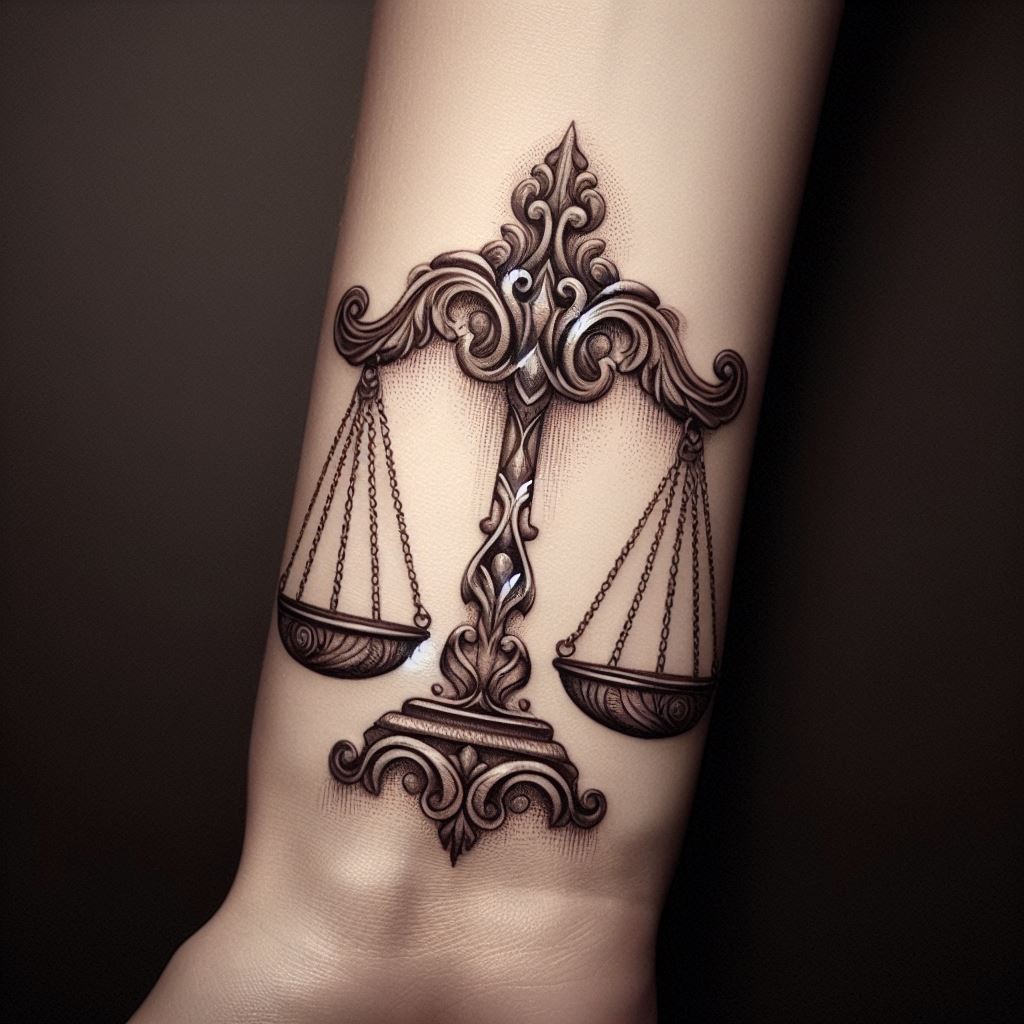 A detailed and intricate Libra scales tattoo, gracefully adorning the inner wrist. The scales are designed with a vintage, ornate style, featuring delicate filigree patterns. The balance beam is elegantly curved, with each scale hanging perfectly balanced. Subtle shading adds depth, making the tattoo appear almost three-dimensional.