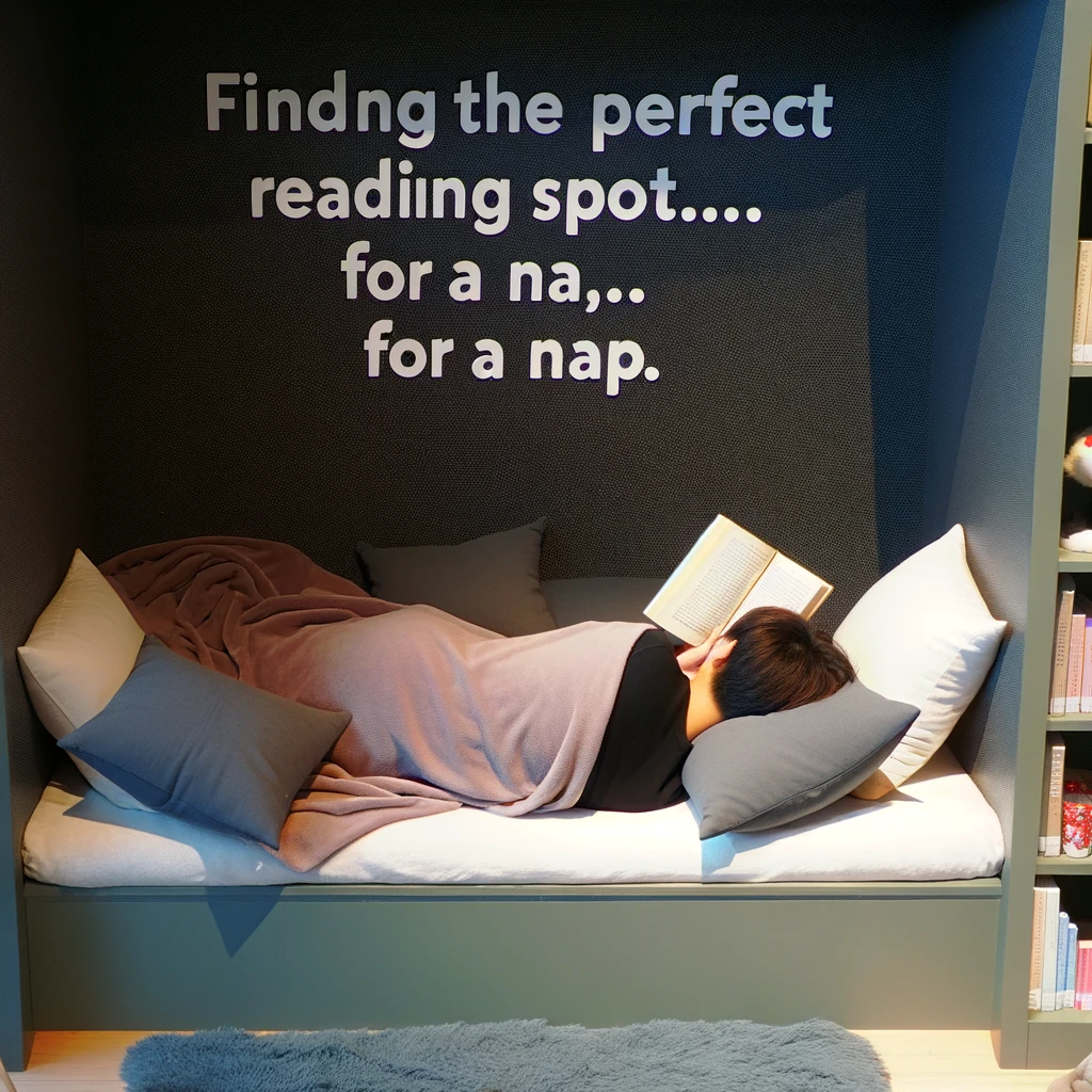A cozy nook inside a library filled with plush pillows and a small bookshelf. A person is napping with an open book on their face. The caption reads, "Finding the perfect reading spot... for a nap."