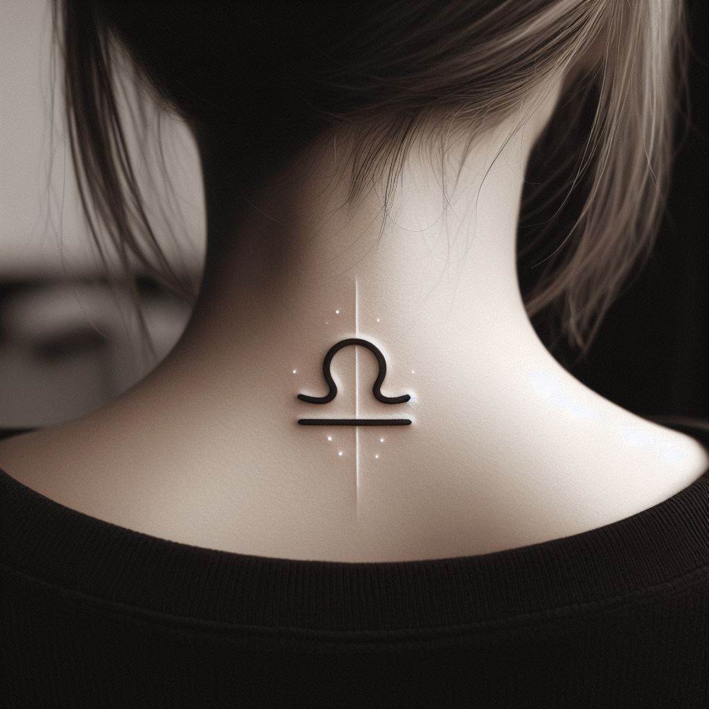 An elegant Libra sign tattoo, positioned on the back of the neck. It's a minimalist design, with clean, sharp lines forming the Libra symbol. Around the symbol, a subtle glow effect is added, creating a sense of mystique and charm. The tattoo is small and discreet, perfect for a sophisticated touch.