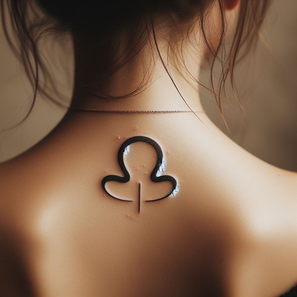 An elegant Libra sign tattoo, positioned on the back of the neck. It's a minimalist design, with clean, sharp lines forming the Libra symbol. Around the symbol, a subtle glow effect is added, creating a sense of mystique and charm. The tattoo is small and discreet, perfect for a sophisticated touch.