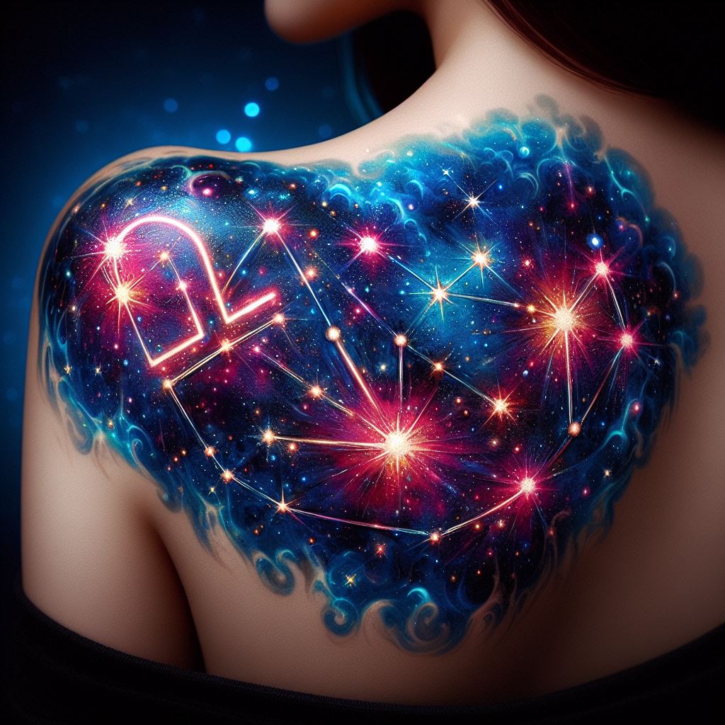 A vibrant and colorful Libra constellation tattoo, sprawling across the shoulder blade. The stars of the constellation are represented by bright, shimmering dots connected with thin, silver lines. Each star is adorned with a halo of light, and the background is a deep, cosmic blue, creating a sense of the vast universe.