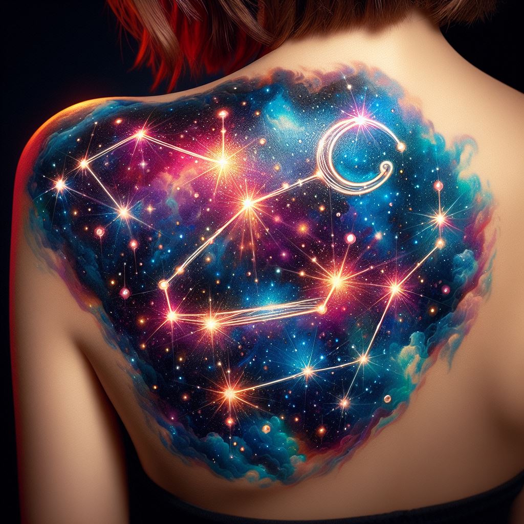 A vibrant and colorful Libra constellation tattoo, sprawling across the shoulder blade. The stars of the constellation are represented by bright, shimmering dots connected with thin, silver lines. Each star is adorned with a halo of light, and the background is a deep, cosmic blue, creating a sense of the vast universe.