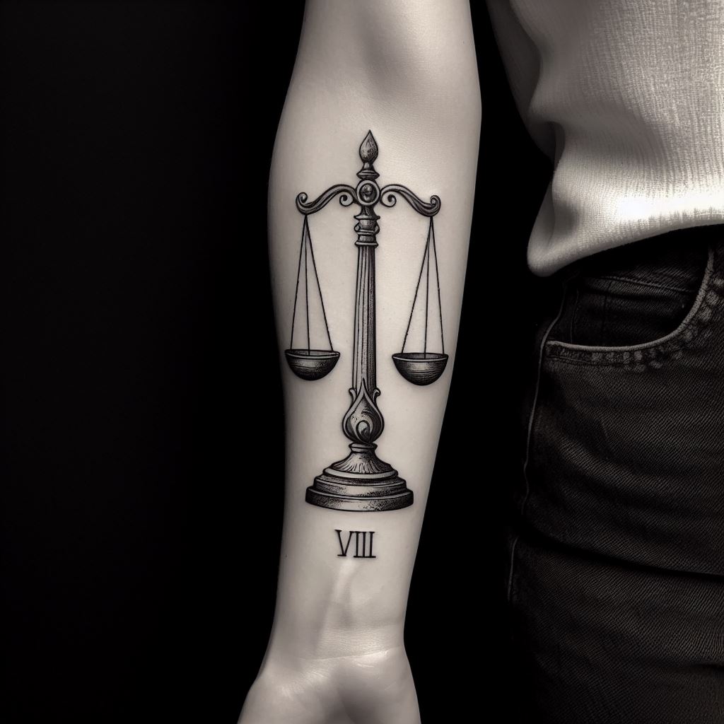 A classic and timeless Libra scales tattoo, located on the forearm. This tattoo features a more traditional design, with the scales perfectly balanced and the balance beam straight and strong. The scales themselves are adorned with classic Roman numerals, adding an element of age and wisdom to the piece.