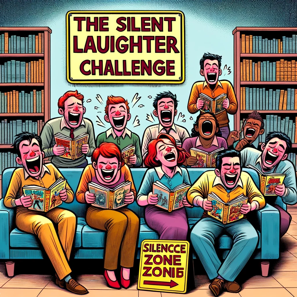 A library with a sign "Silence Zone" prominently displayed. A group of patrons are silently laughing, trying to hold in their giggles, with comic books in their hands. The caption reads, "The silent laughter challenge: library edition."