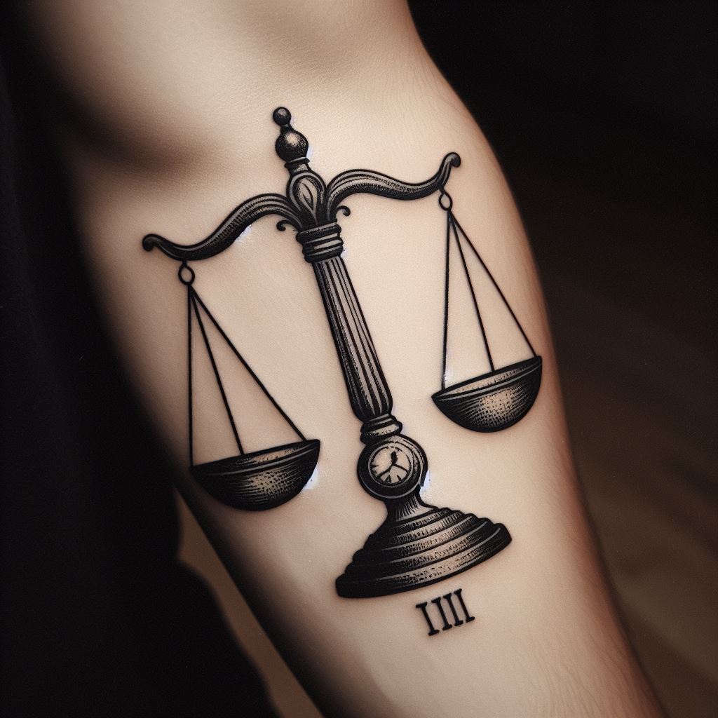 A classic and timeless Libra scales tattoo, located on the forearm. This tattoo features a more traditional design, with the scales perfectly balanced and the balance beam straight and strong. The scales themselves are adorned with classic Roman numerals, adding an element of age and wisdom to the piece.