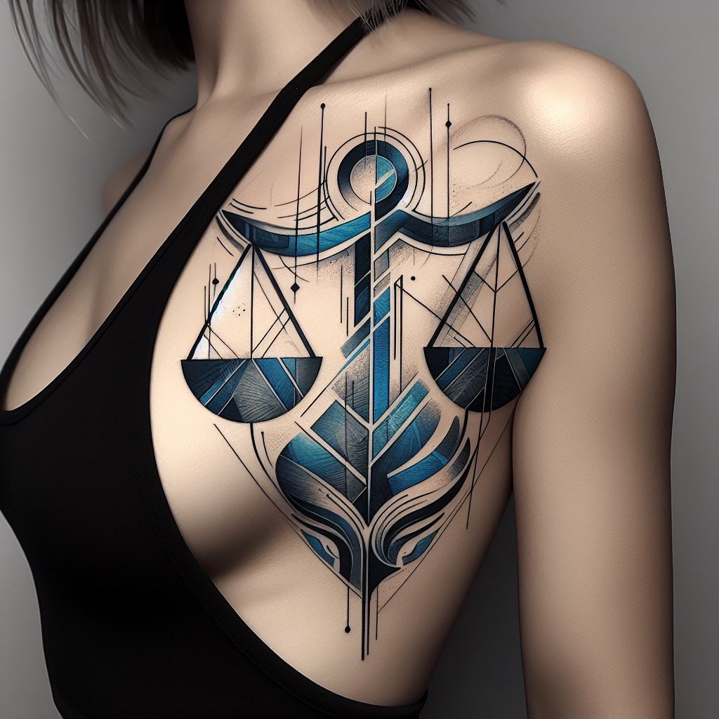 An abstract Libra tattoo, creatively positioned along the side of the ribcage. The design abstractly represents the Libra scales through geometric shapes and lines, creating a modern and unique interpretation. Different shades of blue and gray are used to add depth and dimension to the tattoo.