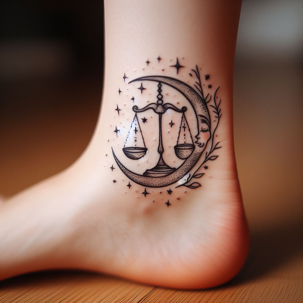 A whimsical Libra tattoo, playfully situated on the ankle. The tattoo depicts the Libra scales suspended from a crescent moon, with stars twinkling around them. The design is delicate and fairy-tale-like, with fine lines and soft shading creating a magical atmosphere.