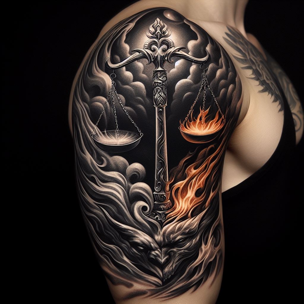 A powerful and bold Libra scales tattoo, covering the upper arm. The design features a large, detailed set of scales, with each scale showcasing a different element - one with fire and the other with water, representing balance and duality. The tattoo is done in black and gray, with dynamic shading for a dramatic effect.