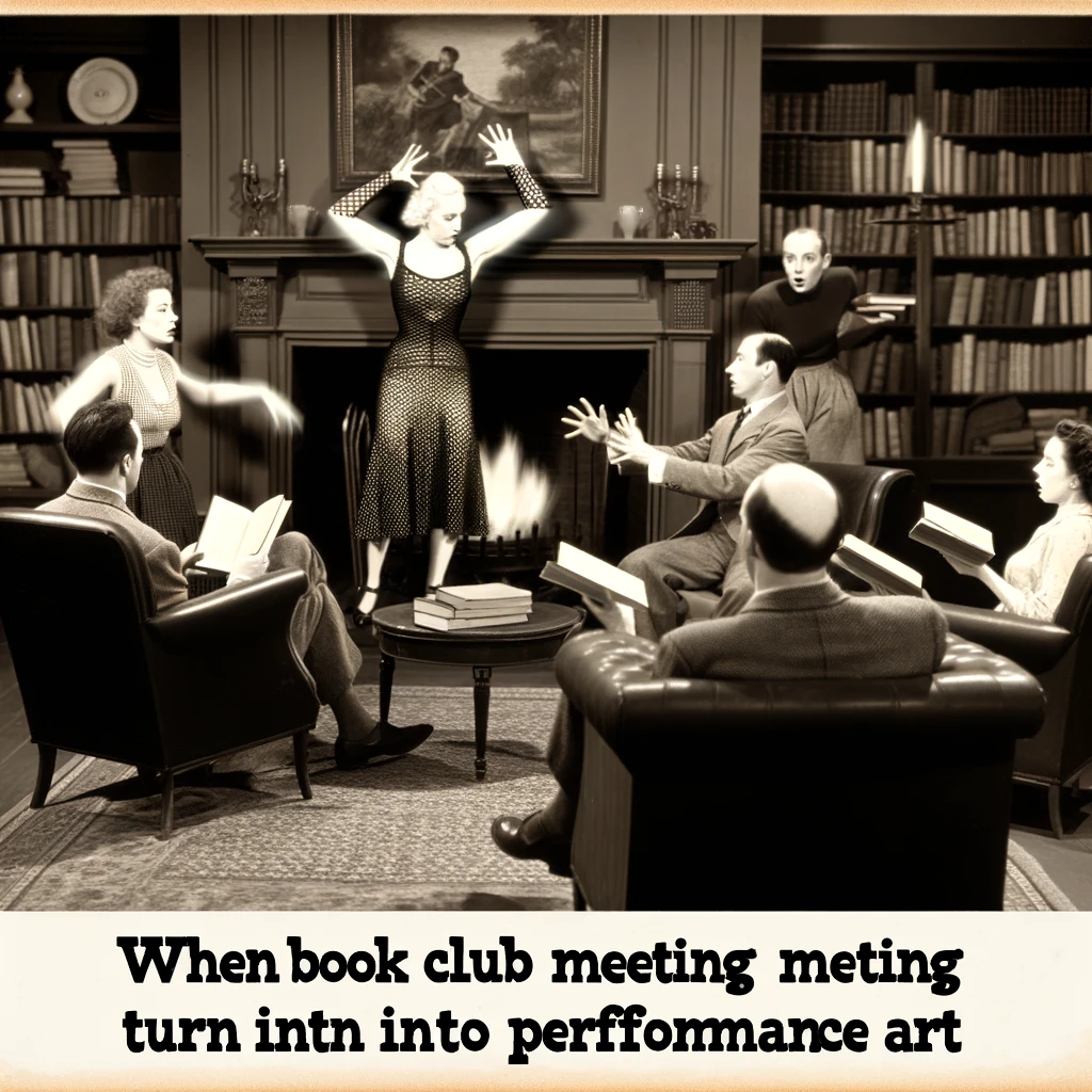 A vintage library scene with a fireplace and armchairs. A group of people are engaged in an animated book discussion, with one person dramatically reenacting a scene. The caption reads, "When book club meetings turn into performance art."