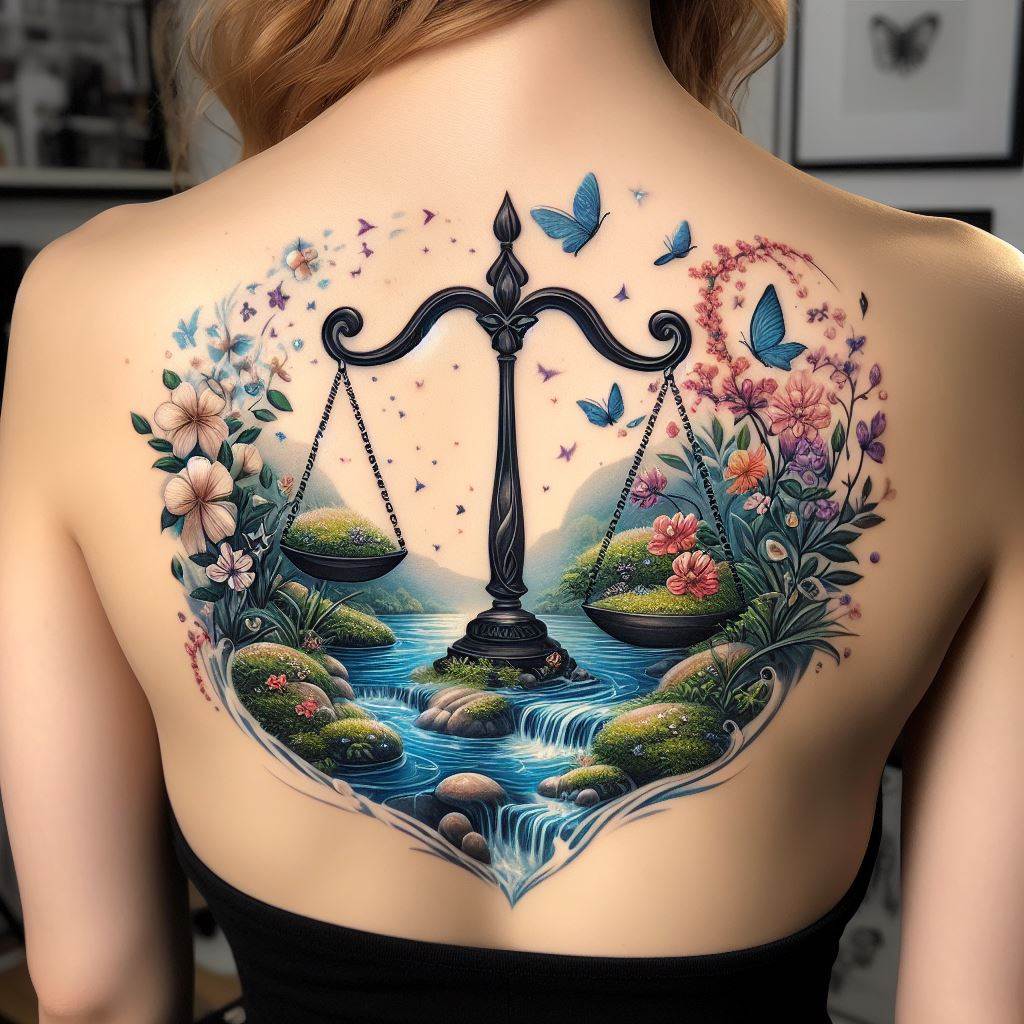 A serene and peaceful Libra tattoo, beautifully placed on the lower back. It depicts the Libra scales sitting within a tranquil garden scene, complete with flowing water, blossoming flowers, and fluttering butterflies. The design combines elements of nature and balance, creating a harmonious and soothing piece.