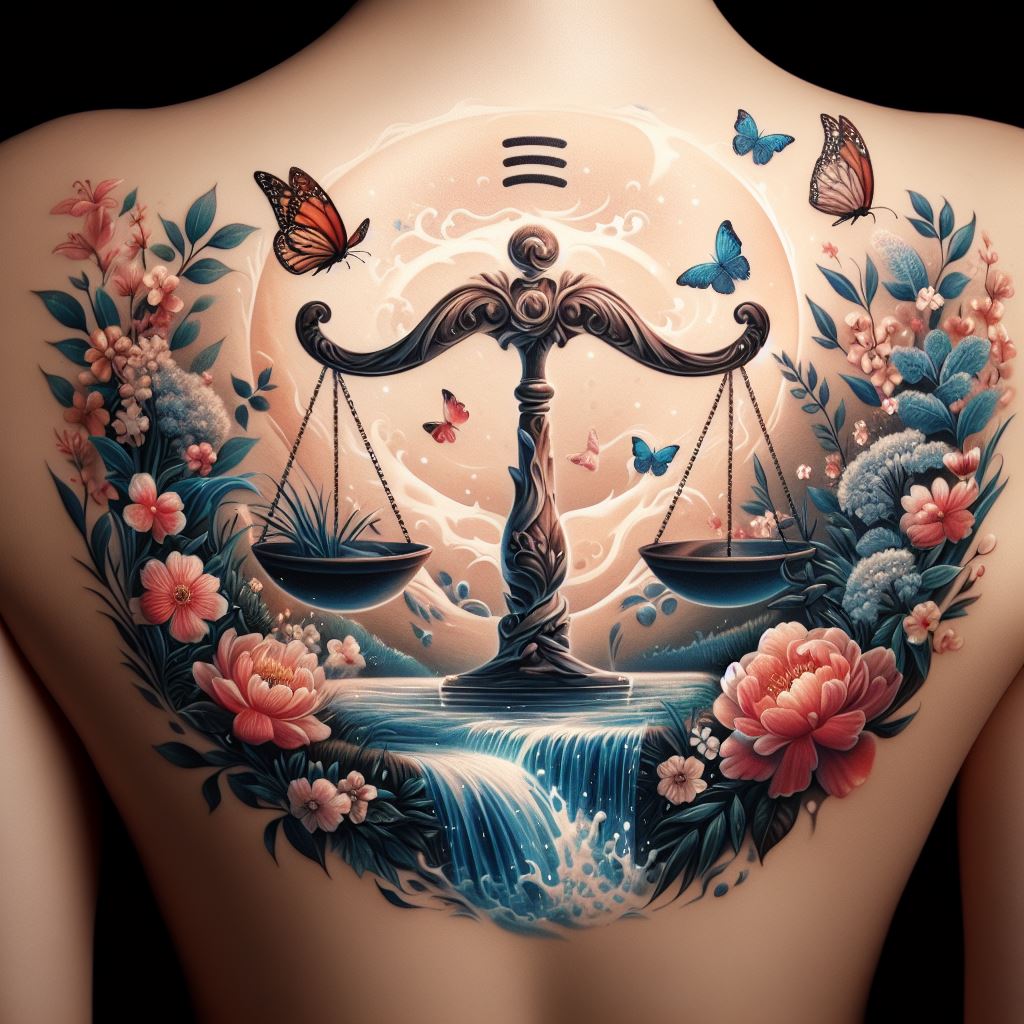 A serene and peaceful Libra tattoo, beautifully placed on the lower back. It depicts the Libra scales sitting within a tranquil garden scene, complete with flowing water, blossoming flowers, and fluttering butterflies. The design combines elements of nature and balance, creating a harmonious and soothing piece.