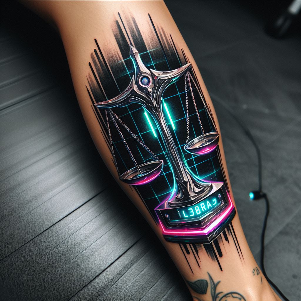 An edgy and modern Libra tattoo, positioned on the calf. The tattoo design is a futuristic interpretation of the Libra scales, with sleek, metallic scales and a digital display for the balance beam. Neon accents highlight the scales and beam, giving the tattoo a vibrant and electric appearance.