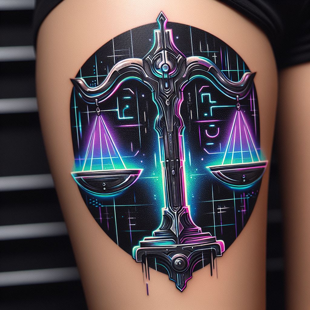 An edgy and modern Libra tattoo, positioned on the calf. The tattoo design is a futuristic interpretation of the Libra scales, with sleek, metallic scales and a digital display for the balance beam. Neon accents highlight the scales and beam, giving the tattoo a vibrant and electric appearance.