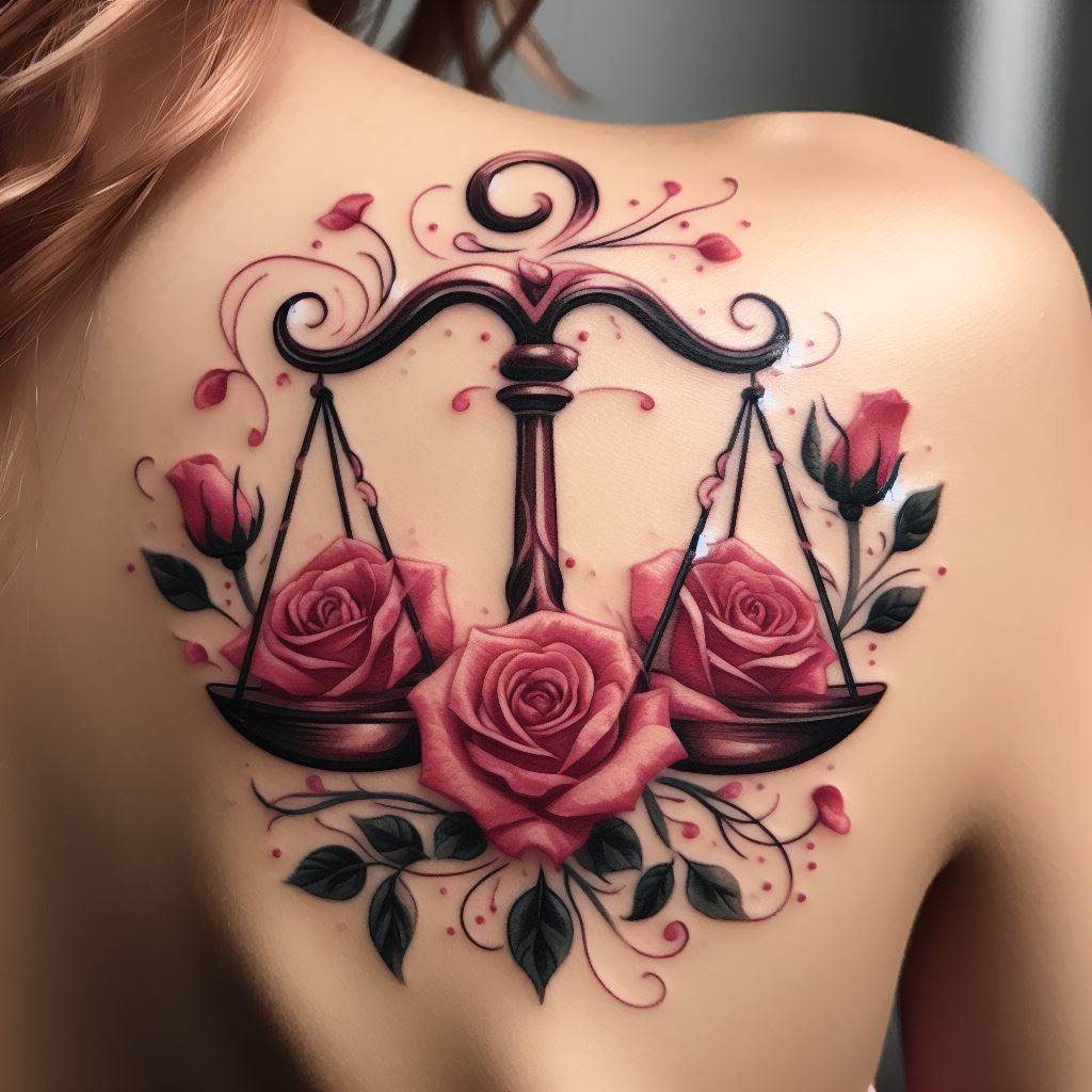 A romantic and delicate Libra tattoo, elegantly located on the inside of the upper arm. The design features the Libra scales intertwined with a rose vine, with each scale gently cradling a blooming rose. The roses are shaded in soft pinks and reds, adding a touch of romance and femininity to the tattoo.