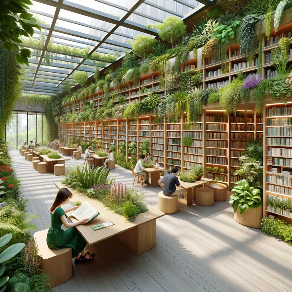 A library filled with plants and greenery, with bookshelves integrated into garden spaces. A patron is reading while surrounded by foliage. The caption reads, "The green library: where literature and nature meet."