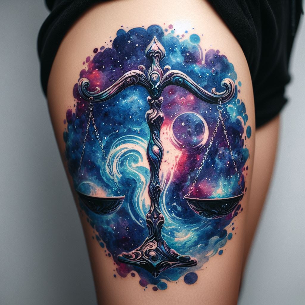 An artistic Libra tattoo, masterfully inked on the side of the calf. The design merges the traditional scales with elements of watercolor painting, creating a flowing, vibrant background of blues and purples that seem to breathe life into the scales. Each scale is depicted with a translucent quality, as if filled with the swirling watercolor hues.