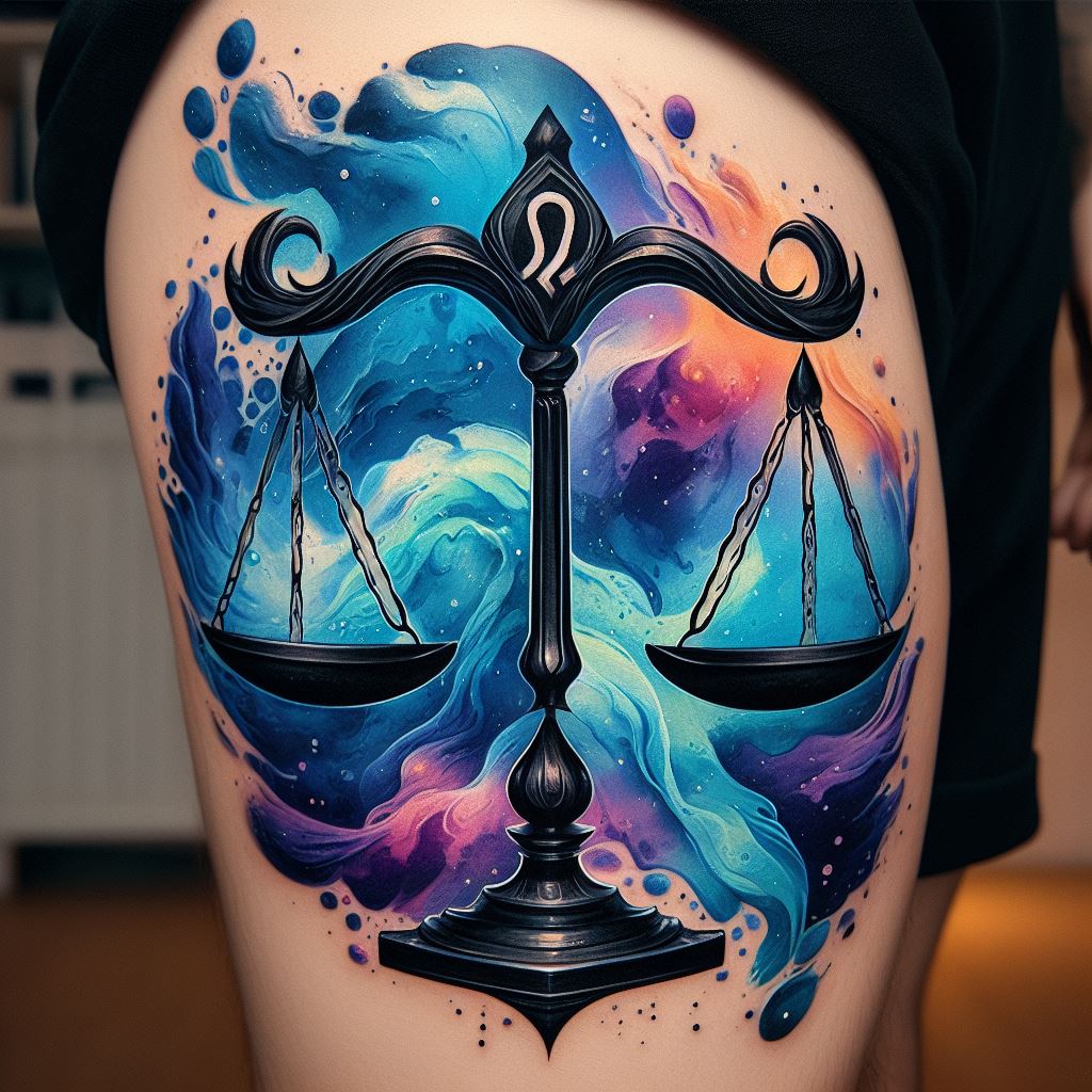 An artistic Libra tattoo, masterfully inked on the side of the calf. The design merges the traditional scales with elements of watercolor painting, creating a flowing, vibrant background of blues and purples that seem to breathe life into the scales. Each scale is depicted with a translucent quality, as if filled with the swirling watercolor hues.