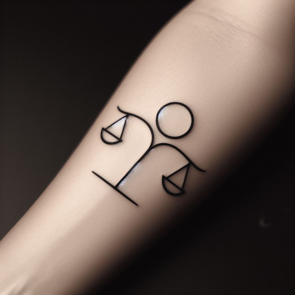 A minimalist and sleek Libra tattoo, subtly placed on the inside of the forearm. The design focuses on the simplicity of the Libra symbol, enhanced with a single, thin line that loops around to create both the scales and the balance beam. The execution is precise and clean, offering a modern take on astrological symbolism.