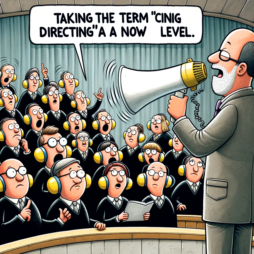 A playful image of a choir director using a megaphone to give instructions to the choir, who are all wearing earplugs. The caption quips, "Taking the term 'directing' to a whole new level."