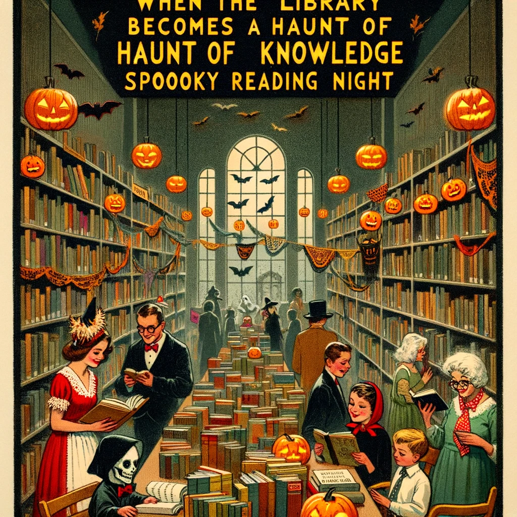 A library during Halloween, with decorations and themed book displays. Patrons are in costume, browsing books. The caption reads, "When the library becomes a haunt of knowledge: Spooky reading night."