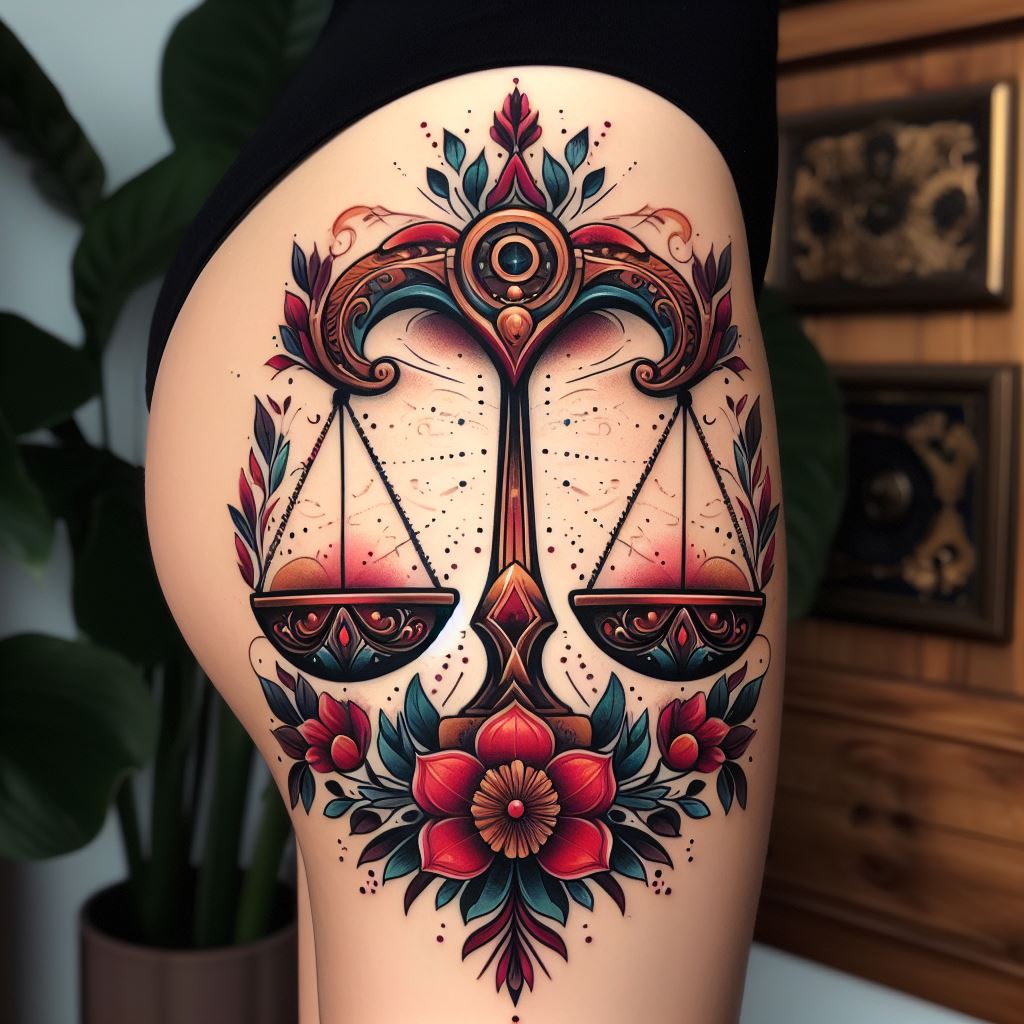A neo-traditional Libra scales tattoo, boldly positioned on the thigh. This design features a rich, colorful palette and incorporates floral motifs surrounding the scales, with each scale embellished with intricate patterns. The tattoo blends the bold lines of traditional tattoos with the complexity and depth of neo-traditional art.