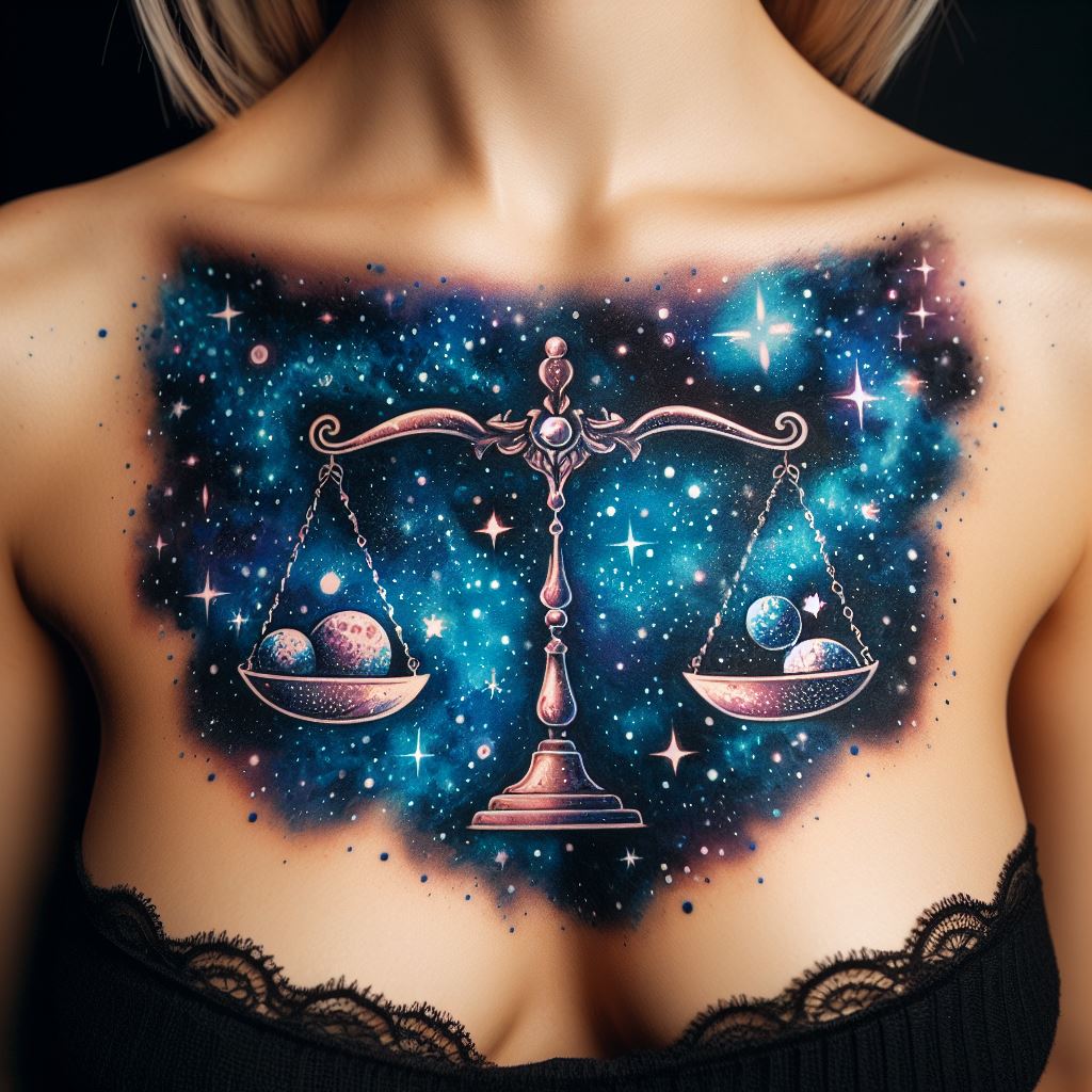 A cosmic and dreamy Libra tattoo, enchantingly placed across the chest. The design depicts the scales floating among the stars and planets, with celestial bodies balancing within each scale. The background is a deep, space-inspired blue, dotted with white stars, creating a sense of infinity and balance in the cosmos.