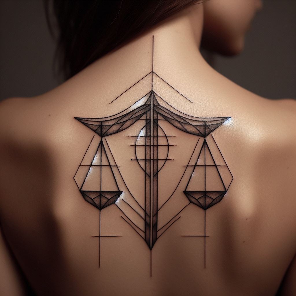 A geometric Libra tattoo, precisely aligned along the spine. The design breaks down the Libra scales into geometric shapes, creating an abstract yet recognizable form. Sharp lines and angles are softened by gradients of grey and black, adding a subtle depth and sophistication to the piece.