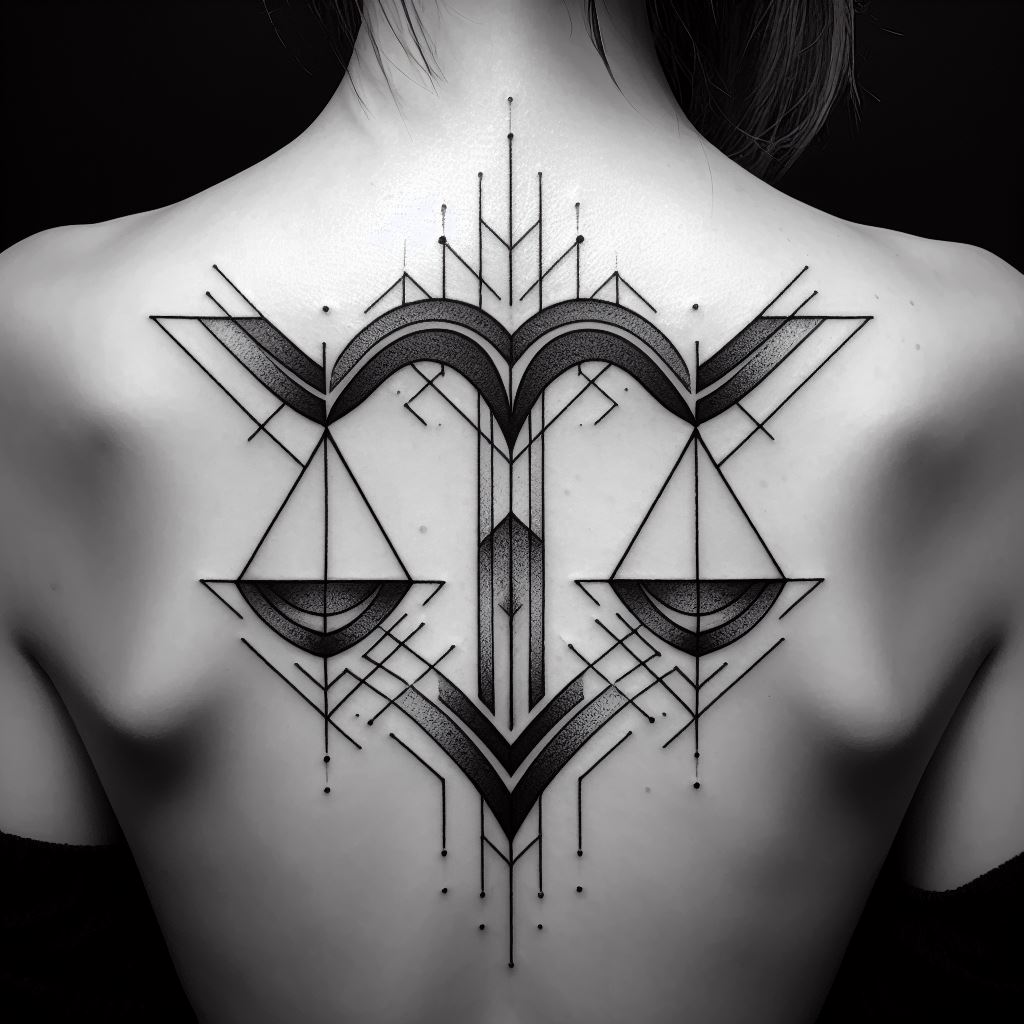 A geometric Libra tattoo, precisely aligned along the spine. The design breaks down the Libra scales into geometric shapes, creating an abstract yet recognizable form. Sharp lines and angles are softened by gradients of grey and black, adding a subtle depth and sophistication to the piece.