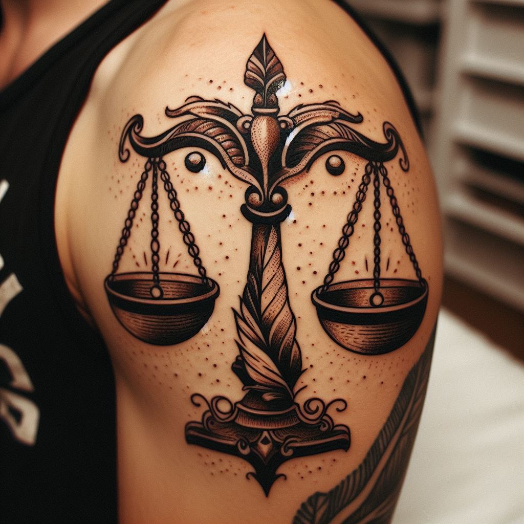 A vintage-inspired Libra scales tattoo, situated on the inner bicep. The design harks back to old-school tattoo art, with bold lines and classic shading. The scales are adorned with intricate details such as feathers and scrolls, giving it a sense of antiquity and timelessness.