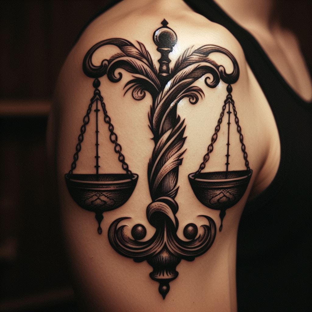 A vintage-inspired Libra scales tattoo, situated on the inner bicep. The design harks back to old-school tattoo art, with bold lines and classic shading. The scales are adorned with intricate details such as feathers and scrolls, giving it a sense of antiquity and timelessness.