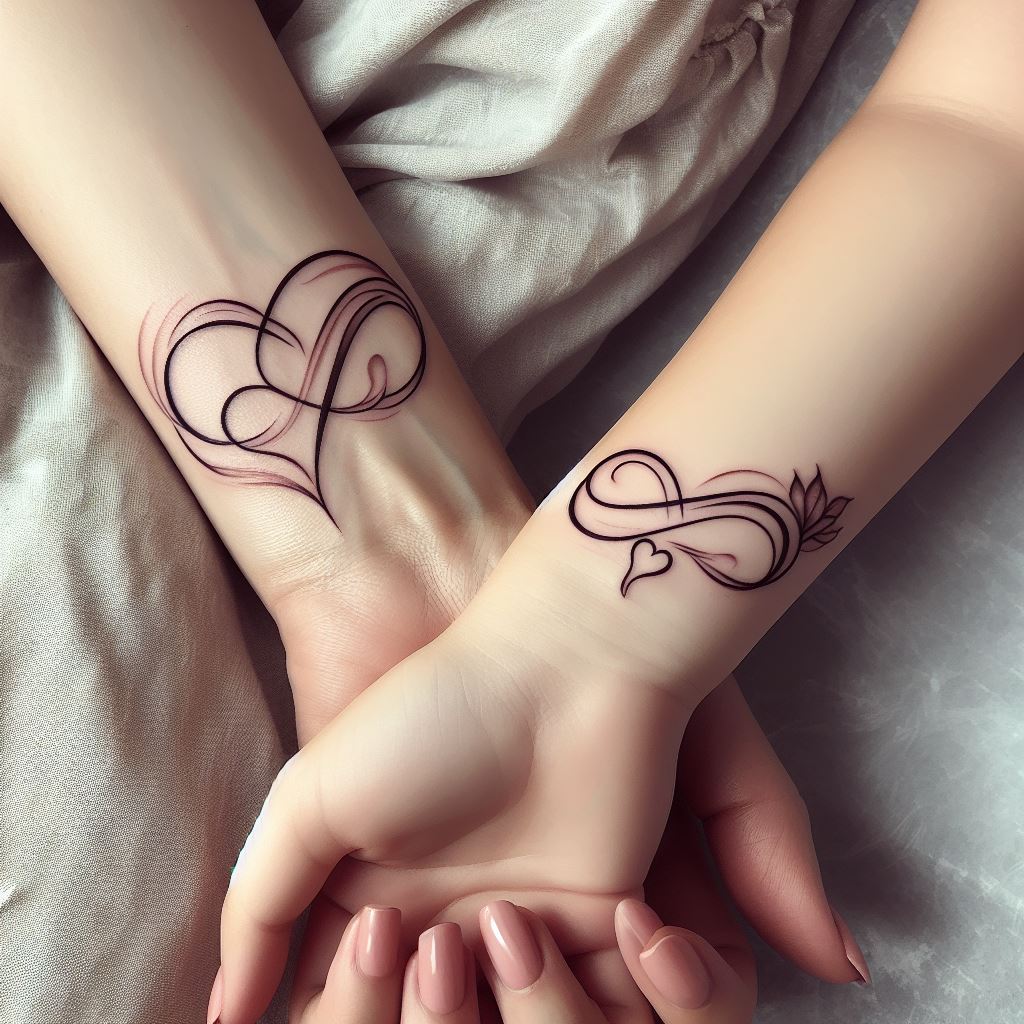 A delicate, intertwined heart and infinity symbol tattoo, positioned elegantly on the inner wrists of a mother and daughter. The design should blend symbols of eternal love and unbreakable bond, with soft, flowing lines, and a subtle shading to add depth. The background should be a simple, light color to enhance the tattoo's detail.