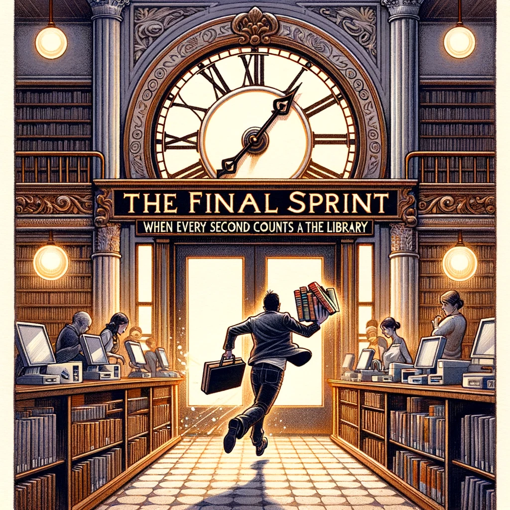 A library with a large, ornate clock at the entrance. A patron runs towards the checkout, books in hand, as the clock strikes closing time. The caption reads, "The final sprint: when every second counts at the library."
