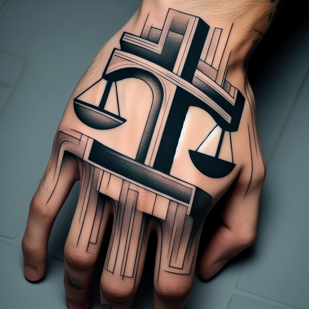 An avant-garde Libra tattoo, innovatively designed on the back of the hand. The tattoo reimagines the Libra scales as a piece of modern sculpture, with abstract forms and shapes creating a balanced composition. The use of negative space and minimal lines gives it a cutting-edge, contemporary aesthetic.