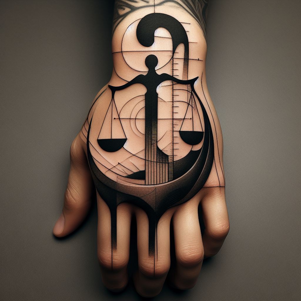 An avant-garde Libra tattoo, innovatively designed on the back of the hand. The tattoo reimagines the Libra scales as a piece of modern sculpture, with abstract forms and shapes creating a balanced composition. The use of negative space and minimal lines gives it a cutting-edge, contemporary aesthetic.