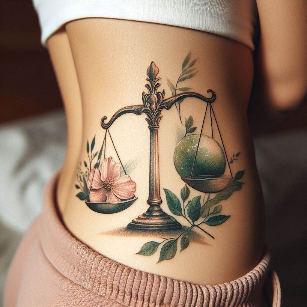 A nature-themed Libra tattoo, gently curving around the side of the hip. The scales are integrated into a scene of natural beauty, with one scale holding a blossom and the other a leaf, symbolizing balance with nature. The design uses soft, natural colors to complement the organic theme.