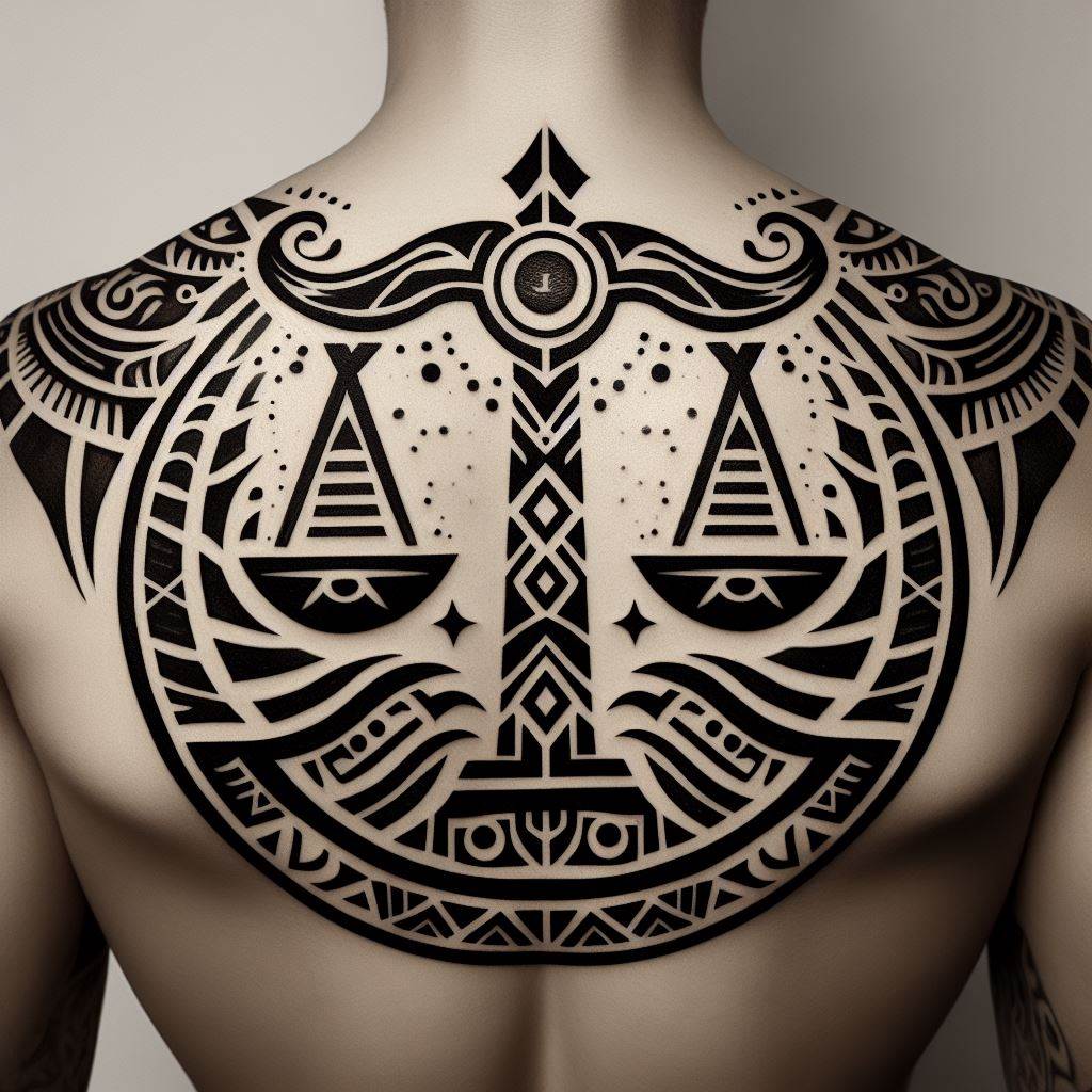 A tribal-inspired Libra tattoo, making a bold statement on the upper back. The design incorporates tribal patterns and symbols to create the outline of the Libra scales. Each scale is filled with dense, intricate tribal markings, offering a powerful and ancestral tribute to the sign of balance.
