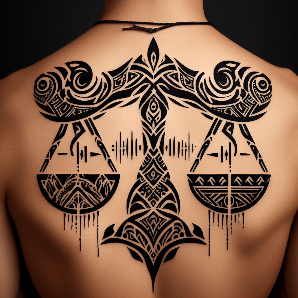 A tribal-inspired Libra tattoo, making a bold statement on the upper back. The design incorporates tribal patterns and symbols to create the outline of the Libra scales. Each scale is filled with dense, intricate tribal markings, offering a powerful and ancestral tribute to the sign of balance.