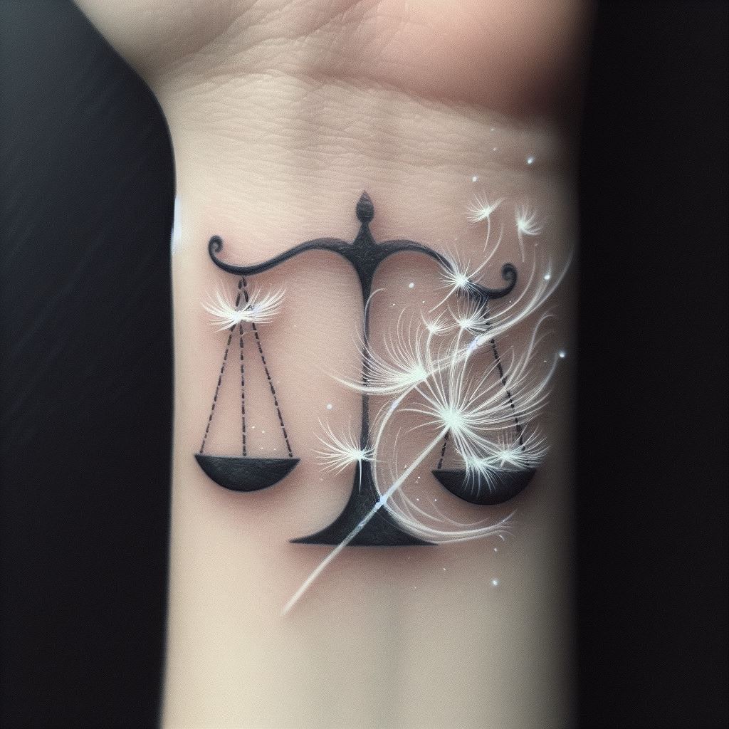 An ethereal and soft Libra tattoo, gracefully positioned on the wrist. The design features the scales made of light, almost transparent lines, with a flurry of dandelion seeds blowing from one scale to the other, symbolizing the lightness and balance of air, the element associated with Libra.