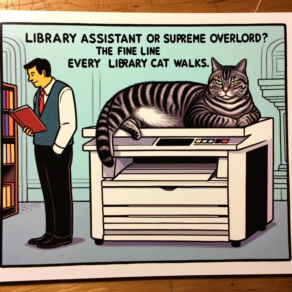 A library cat lounging on top of a scanner, nonchalantly blocking the use of it. A patron stands to the side, amused and perplexed. The caption reads, "Library assistant or supreme overlord? The fine line every library cat walks."