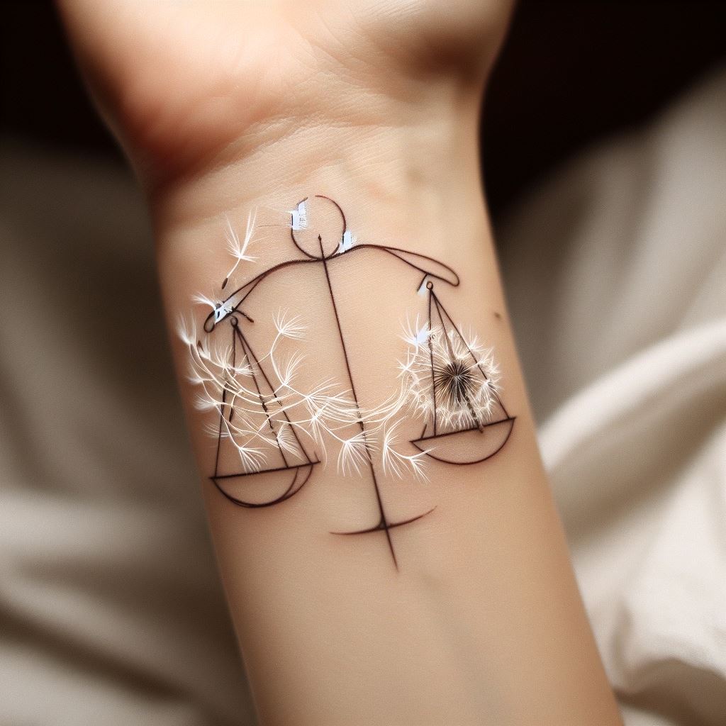 An ethereal and soft Libra tattoo, gracefully positioned on the wrist. The design features the scales made of light, almost transparent lines, with a flurry of dandelion seeds blowing from one scale to the other, symbolizing the lightness and balance of air, the element associated with Libra.