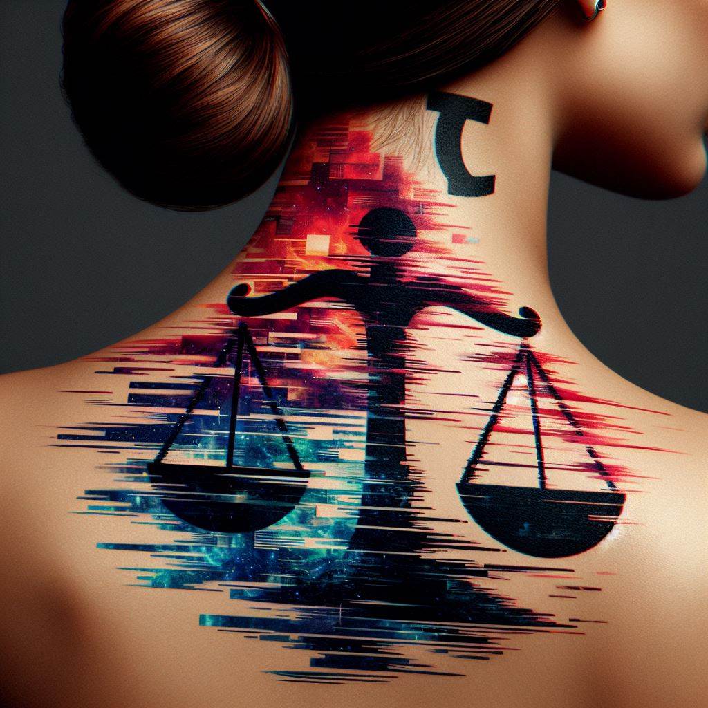 A striking Libra tattoo, showcased prominently on the side of the neck. This design interprets the Libra scales with a modern twist, incorporating digital glitch art elements that make the scales appear as if they are flickering and shifting, symbolizing the dynamic balance between technology and nature.