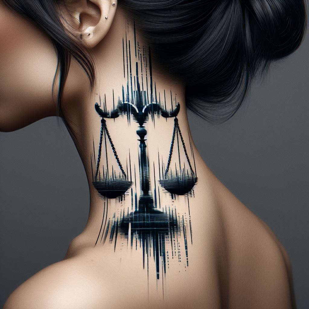 A striking Libra tattoo, showcased prominently on the side of the neck. This design interprets the Libra scales with a modern twist, incorporating digital glitch art elements that make the scales appear as if they are flickering and shifting, symbolizing the dynamic balance between technology and nature.
