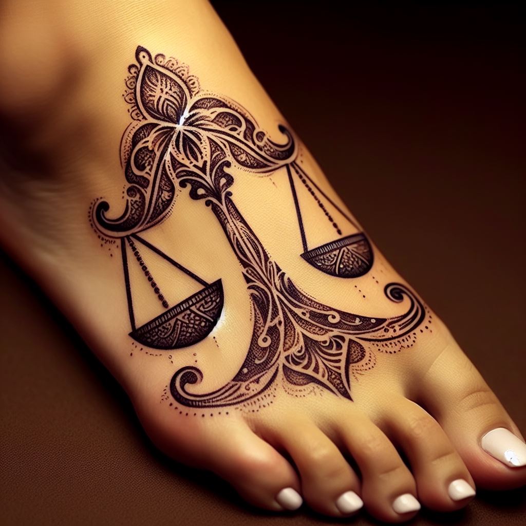 An ornamental Libra tattoo, adorning the top of the foot. The scales are designed with intricate lace patterns, each scale delicately detailed to resemble fine fabric. This elegant approach adds a touch of sophistication and beauty, blending the symbol of balance with feminine grace.