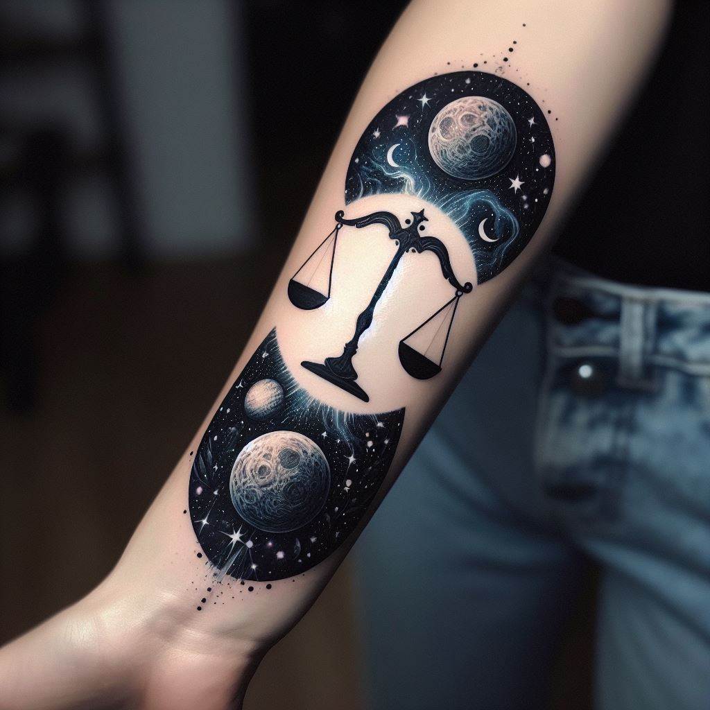 A celestial Libra tattoo, wrapped around the forearm like a band. The design combines the Libra scales with elements of the night sky, including moons, stars, and planets in harmonious alignment. The artwork captures the connection between the sign of Libra and its ruling planet Venus, celebrating beauty and balance.